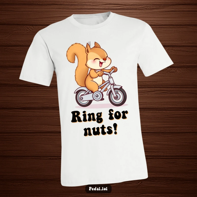 Funny squirrel joyfully ringing a miniature bike bell, capturing a moment of pure, humorous glee on a t-shirt.