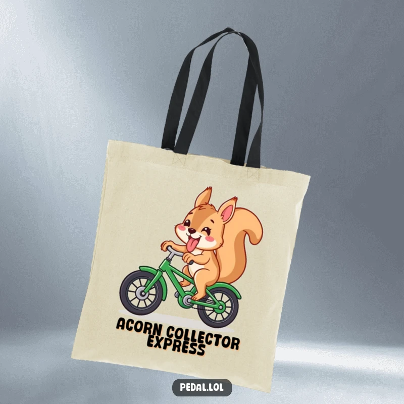 Funny squirrel with its tongue sticking out, riding a green bicycle, showcased on a durable and humorous tote bag.