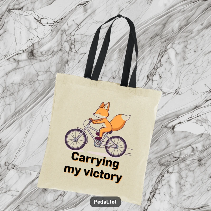 Funny Fox Bicycle Tote Bag: A cheerful fox cycling fast, carrying style and humor, ideal for a funny gift shopper.