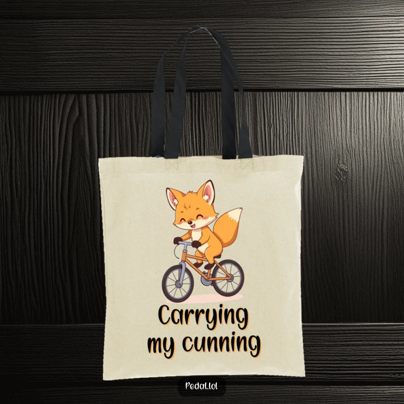 Funny Tote Bag: A playful fox cub balances expertly on a bicycle with pure enthusiasm, making errands more amusing.