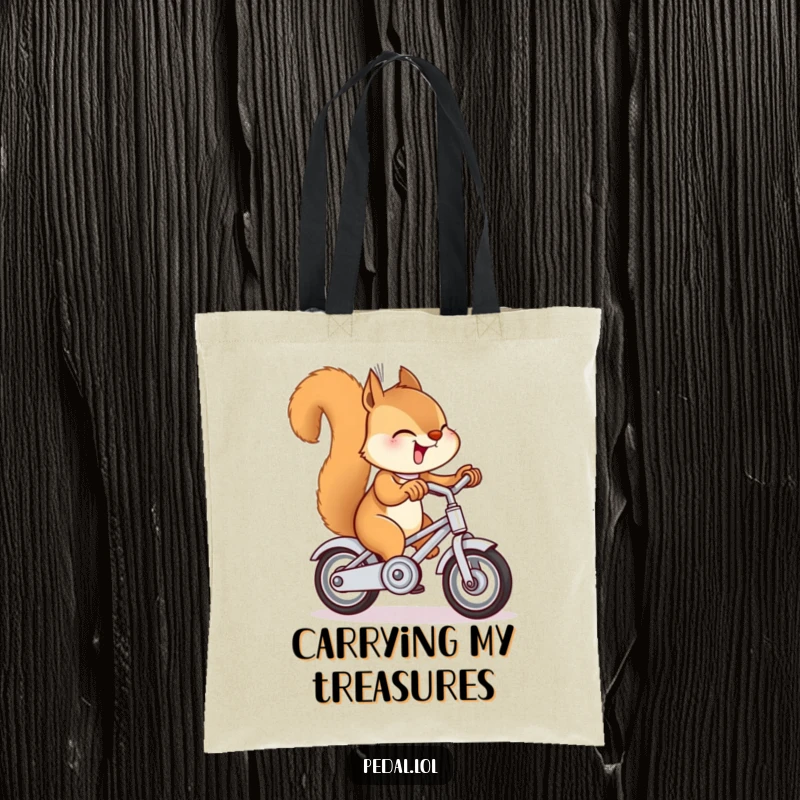 Funny squirrel ringing a miniature bike bell on a tote bag, a humorous and practical accessory for everyday use.