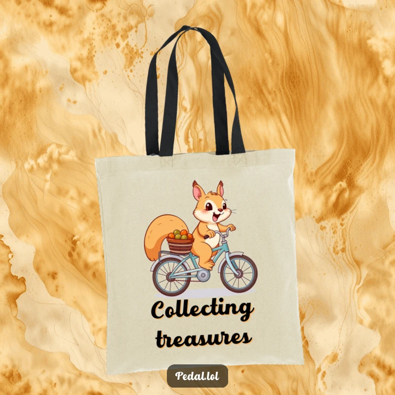 Funny Squirrel Tote Bag: A cheerful squirrel rides a bike with a basket of nuts, perfect for carrying items.